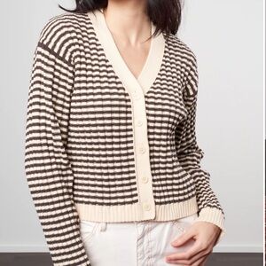 THE GREAT. Brown and Cream Striped Cardigan